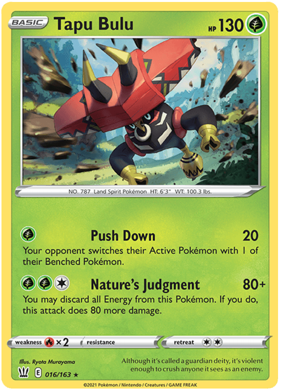 016, Fire[×2], Grass, Normal, Rare, Sword & Shield: Battle Styles Tapu Bulu (016/163) (Theme Deck Exclusive) [Sword & Shield: Battle Styles] - Trading Card World
