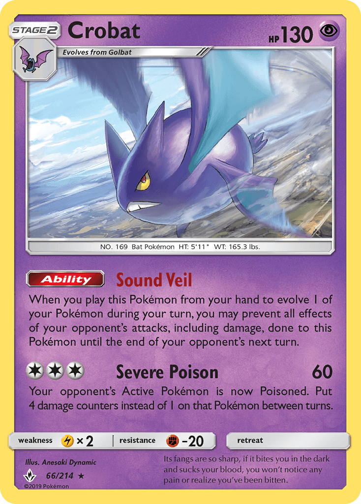 66, Fighting[-20], Holo Rare, Holofoil, Lightning[×2], Psychic, Reverse Holofoil, Sun & Moon: Unbroken Bonds Crobat (66/214) [Sun & Moon: Unbroken Bonds] - Trading Card World