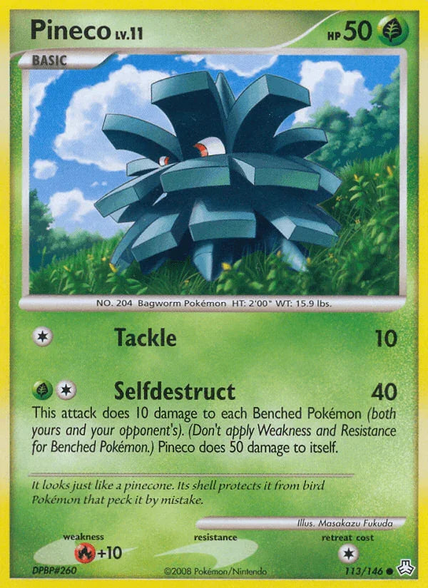 113, Common, Diamond & Pearl: Legends Awakened, Fire[+10], Grass, Normal, Reverse Holofoil Pineco (113/146) [Diamond & Pearl: Legends Awakened] - Trading Card World