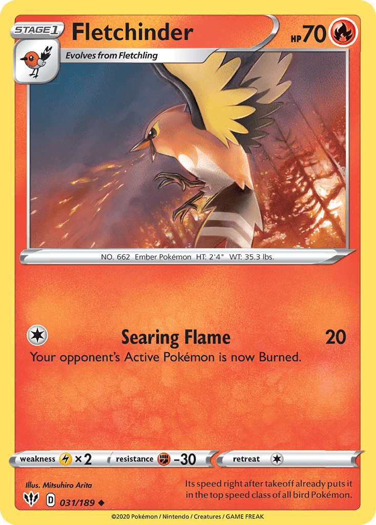 031, Fighting[-30], Fire, Lightning[×2], Normal, Reverse Holofoil, Sword & Shield: Darkness Ablaze, Uncommon Fletchinder (031/189) [Sword & Shield: Darkness Ablaze] - Trading Card World