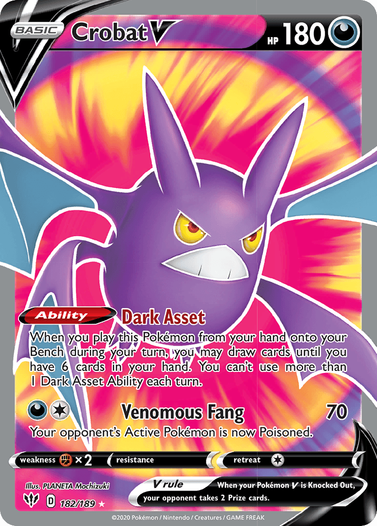 182, Darkness, Fighting[×2], Holofoil, Sword & Shield: Darkness Ablaze, Ultra Rare Crobat V (182/189) [Sword & Shield: Darkness Ablaze] - Trading Card World