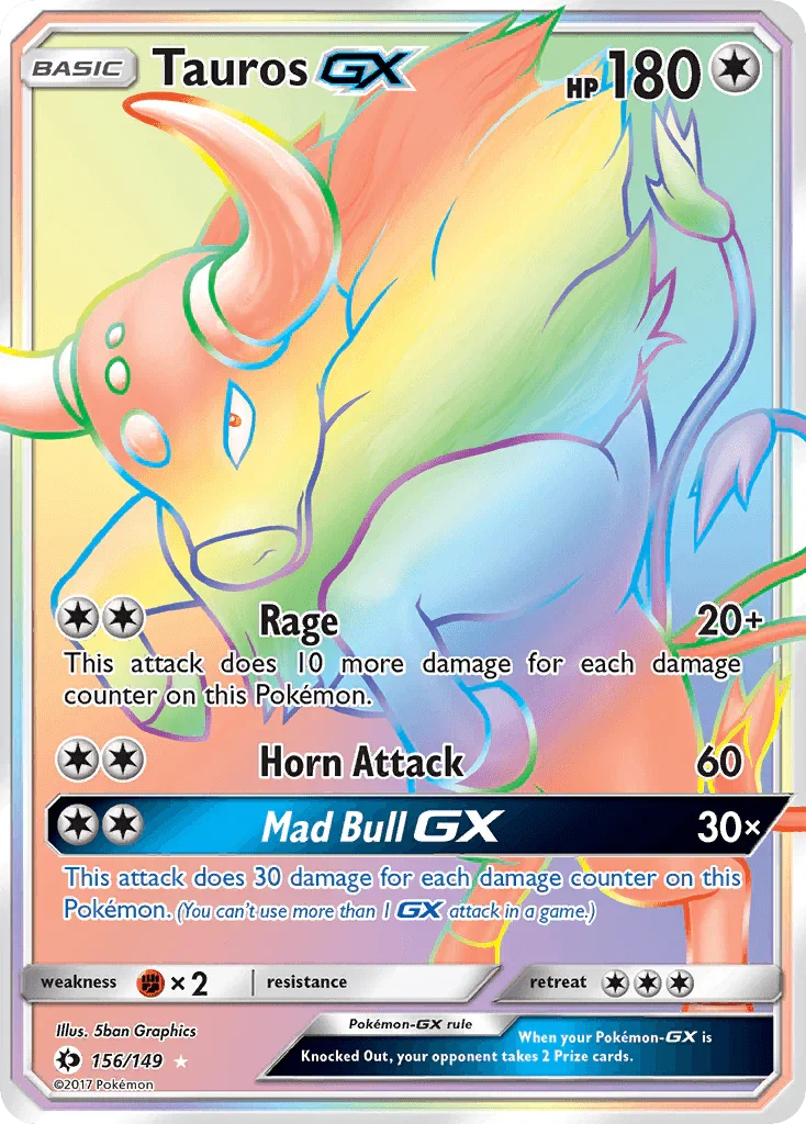 156, Colorless, Fighting[×2], Holofoil, Secret Rare, Sun & Moon: Base Set Tauros GX (156/149) [Sun & Moon: Base Set] - Trading Card World