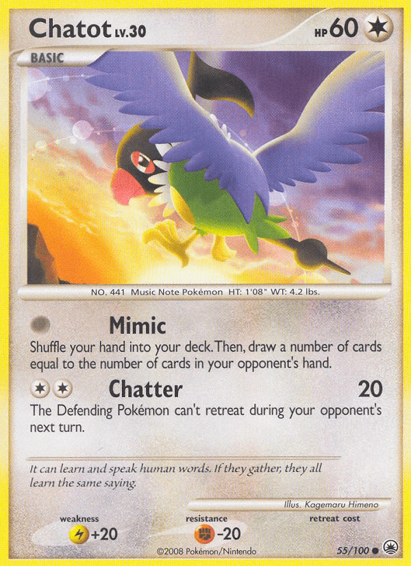 55, Colorless, Common, Diamond & Pearl: Majestic Dawn, Fighting[-20], Lightning[+20], Normal, Reverse Holofoil Chatot (55/100) [Diamond & Pearl: Majestic Dawn] - Trading Card World
