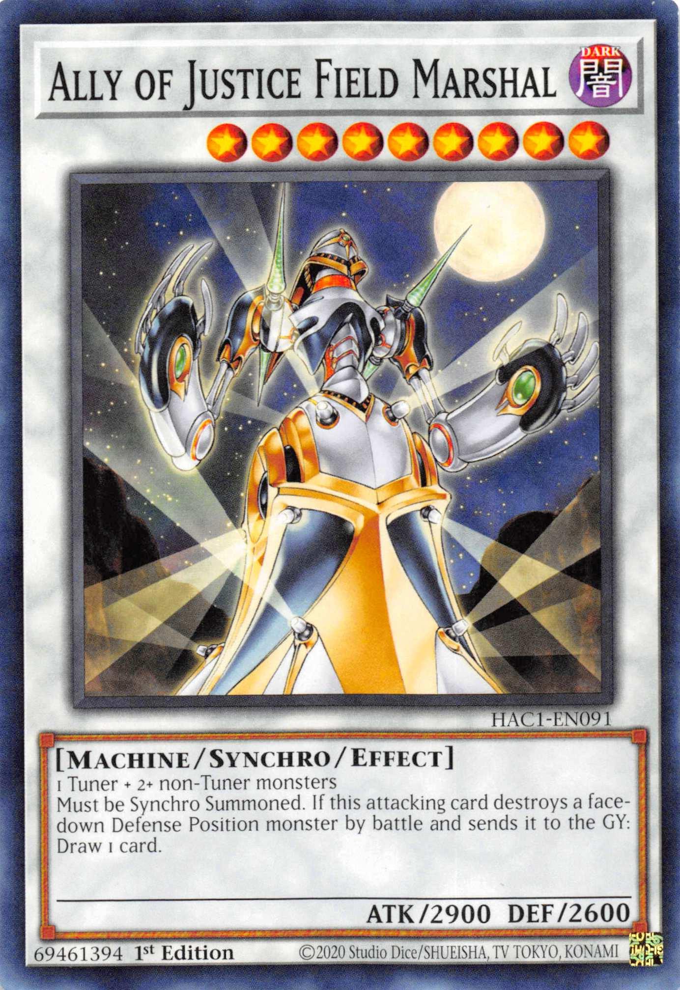 1st Edition, Common, Dark, Hidden Arsenal: Chapter 1, Machine, Synchro/Effect Monster Ally of Justice Field Marshal [HAC1-EN091] Common - Trading Card World