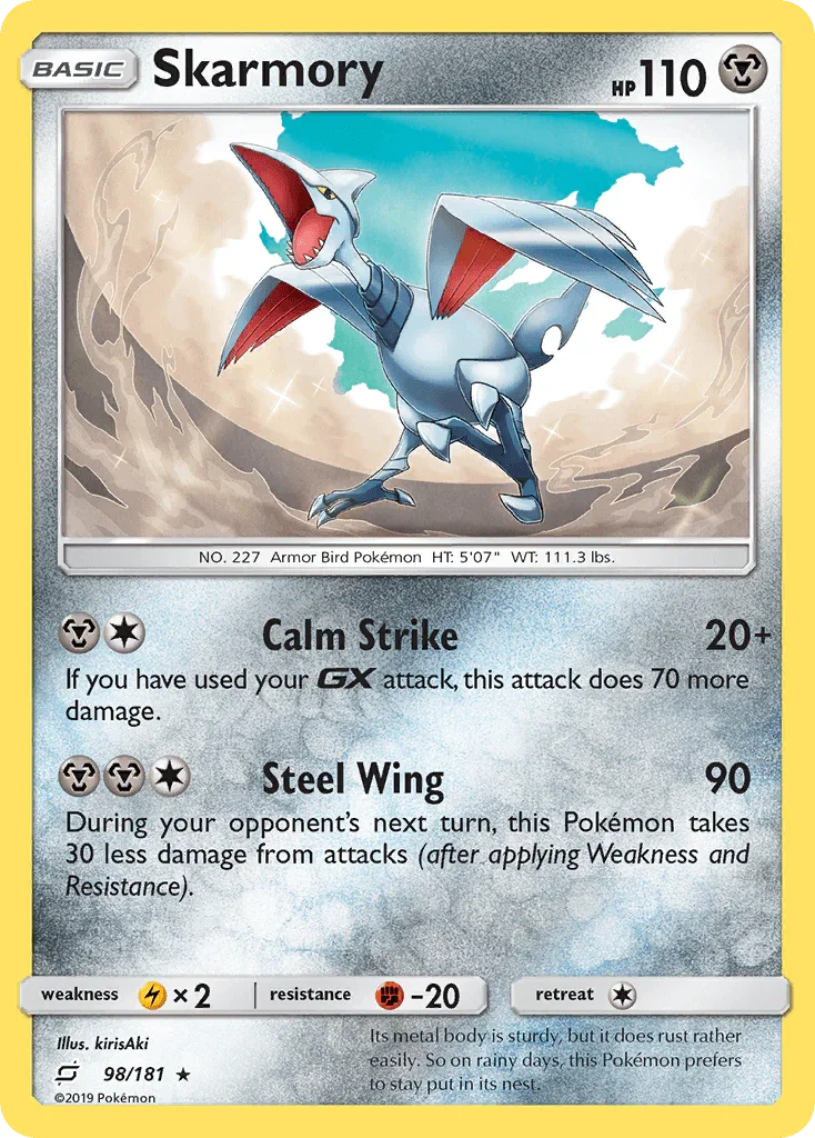 98, Fighting[-20], Lightning[×2], Metal, Normal, Rare, Reverse Holofoil, Sun & Moon: Team Up Skarmory (98/181) [Sun & Moon: Team Up] - Trading Card World