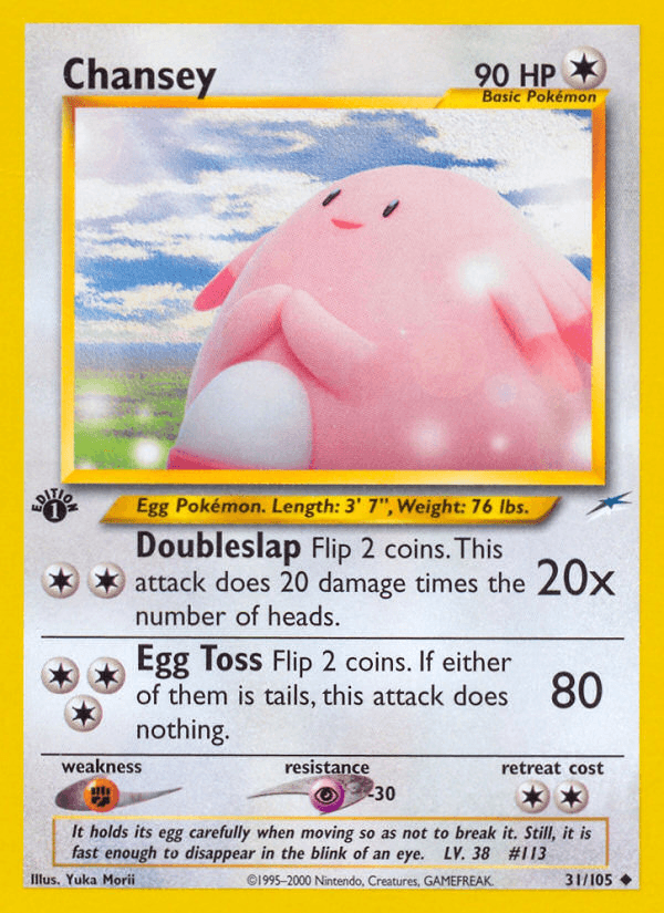 1st Edition Normal, 31, Colorless, Fighting[×2], Neo Destiny 1st Edition, Psychic[-30], Uncommon Chansey (31/105) [Neo Destiny 1st Edition] - Trading Card World