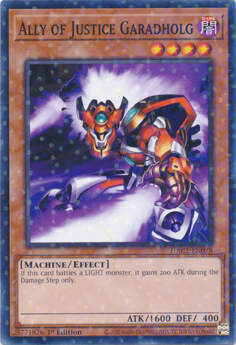 1st Edition, Common, Dark, Effect Monster, Hidden Arsenal: Chapter 1, Machine Ally of Justice Garadholg (Duel Terminal) [HAC1-EN078] Common - Trading Card World