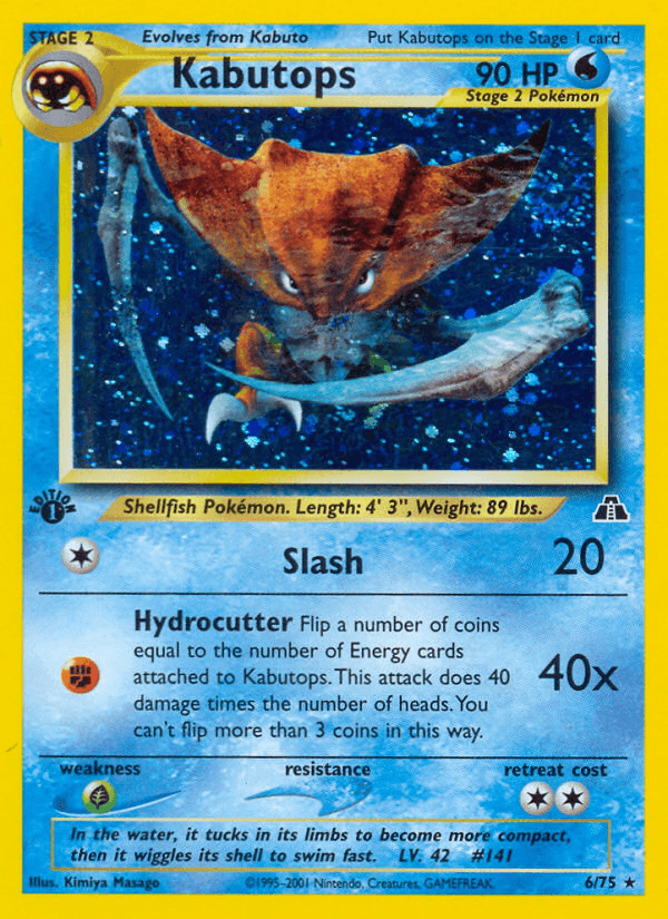 1st Edition Holofoil, Grass[×2], Holo Rare, Neo Discovery 1st Edition, Water Kabutops (6/75) [Neo Discovery 1st Edition] - Trading Card World