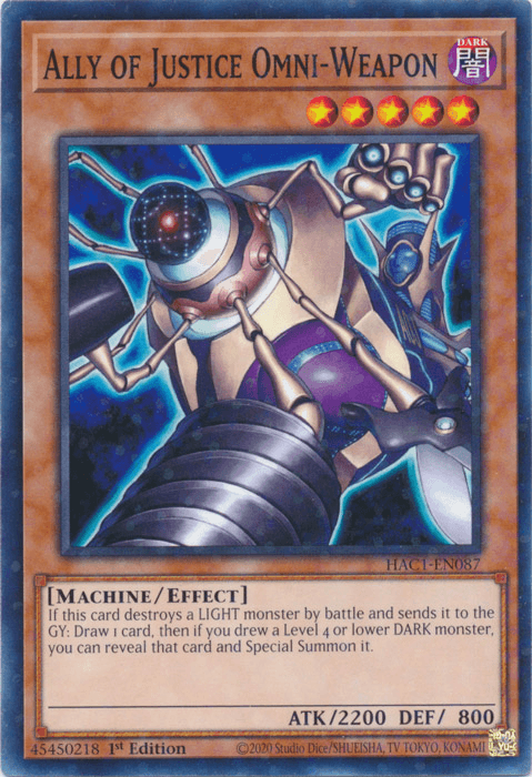 1st Edition, Common, Dark, Effect Monster, Hidden Arsenal: Chapter 1, Machine Ally of Justice Omni-Weapon (Duel Terminal) [HAC1-EN087] Common - Trading Card World