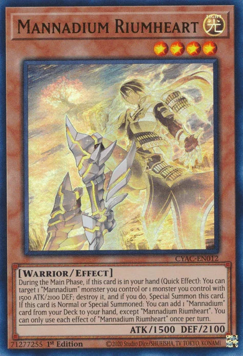 1st Edition, Cyberstorm Access, Effect Monster, Light, Ultra Rare, Warrior Mannadium Riumheart [CYAC-EN012] Ultra Rare - Trading Card World