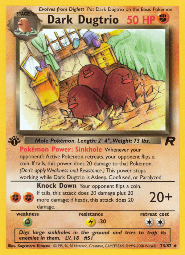 1st Edition Normal, 23, Fighting, Grass[×2], Lightning[-30], Rare, Team Rocket 1st Edition Dark Dugtrio (23/82) [Team Rocket 1st Edition] - Trading Card World