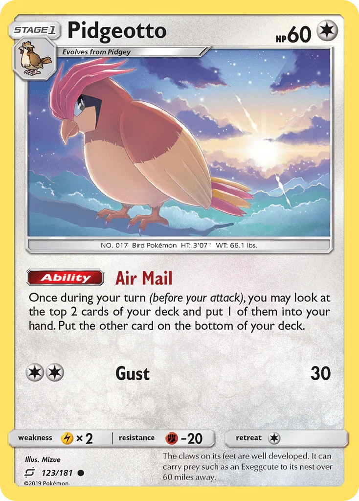 123, Colorless, Common, Fighting[-20], Lightning[×2], Normal, Reverse Holofoil, Sun & Moon: Team Up Pidgeotto (123/181) [Sun & Moon: Team Up] - Trading Card World