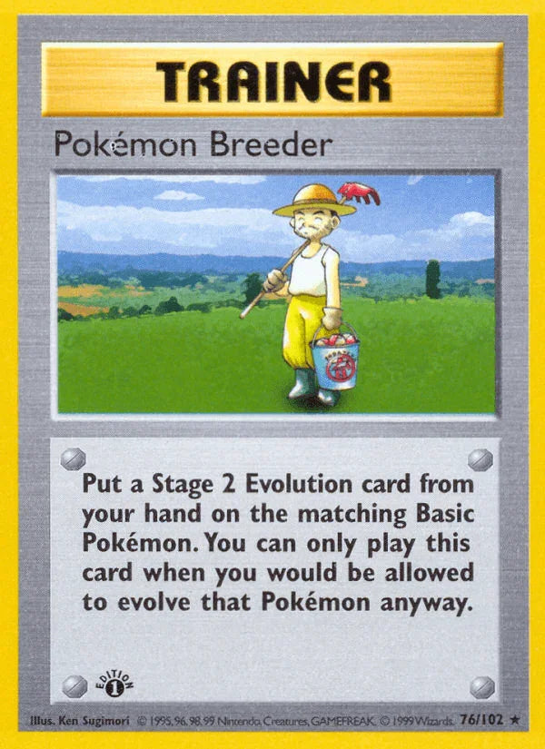 1st Edition Normal, 76, Base Set 1st Edition, Rare, Trainer Pokemon Breeder (76/102) (Shadowless) [Base Set 1st Edition] - Trading Card World
