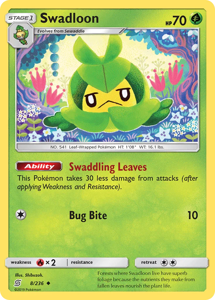 Fire[×2], Grass, Normal, Reverse Holofoil, Sun & Moon: Unified Minds, Uncommon Swadloon (8/236) [Sun & Moon: Unified Minds] - Trading Card World