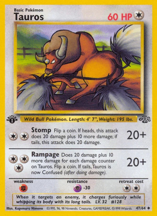 1st Edition Normal, 47, Colorless, Fighting[×2], Jungle 1st Edition, Psychic[-30], Uncommon Tauros (47/64) [Jungle 1st Edition] - Trading Card World