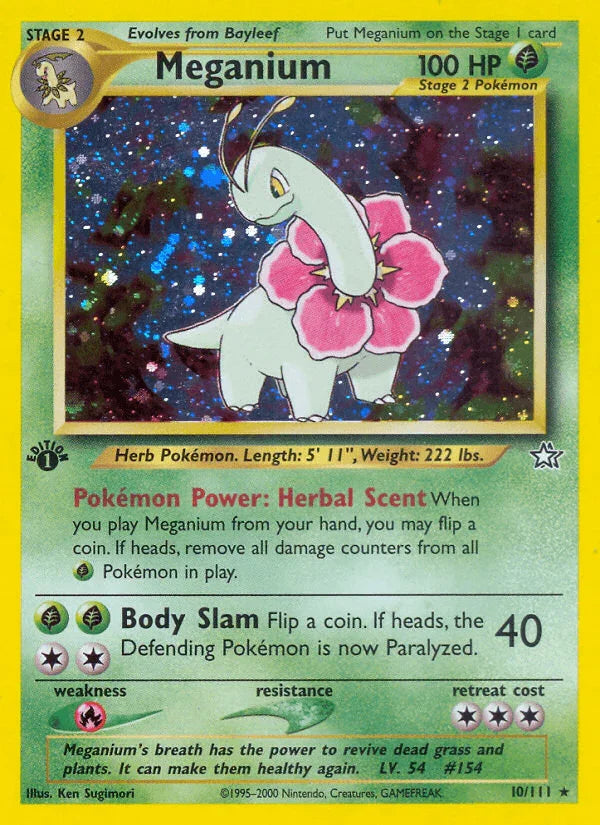 10, 1st Edition Holofoil, Fire[×2], Grass, Holo Rare, Neo Genesis 1st Edition Meganium (10/111) [Neo Genesis 1st Edition] - Trading Card World