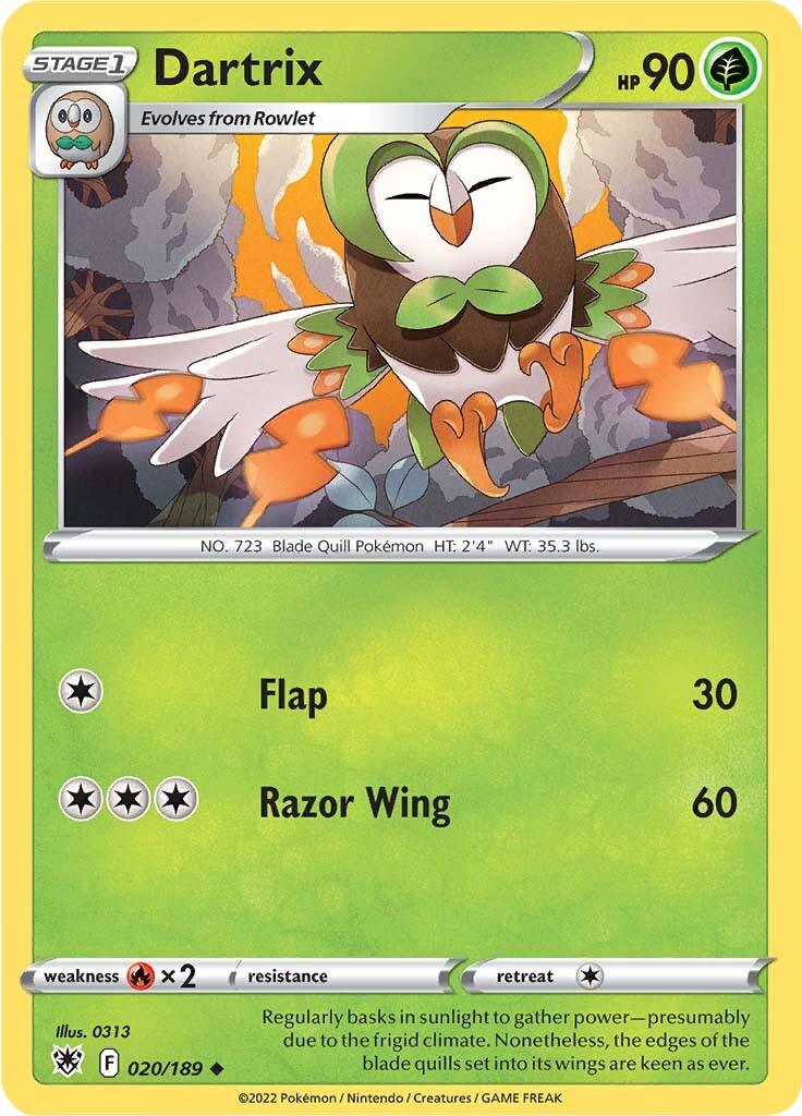 020, Fire [x2], Grass, Normal, Reverse Holofoil, Sword & Shield: Astral Radiance, Uncommon Dartrix (020/189) [Sword & Shield: Astral Radiance] - Trading Card World