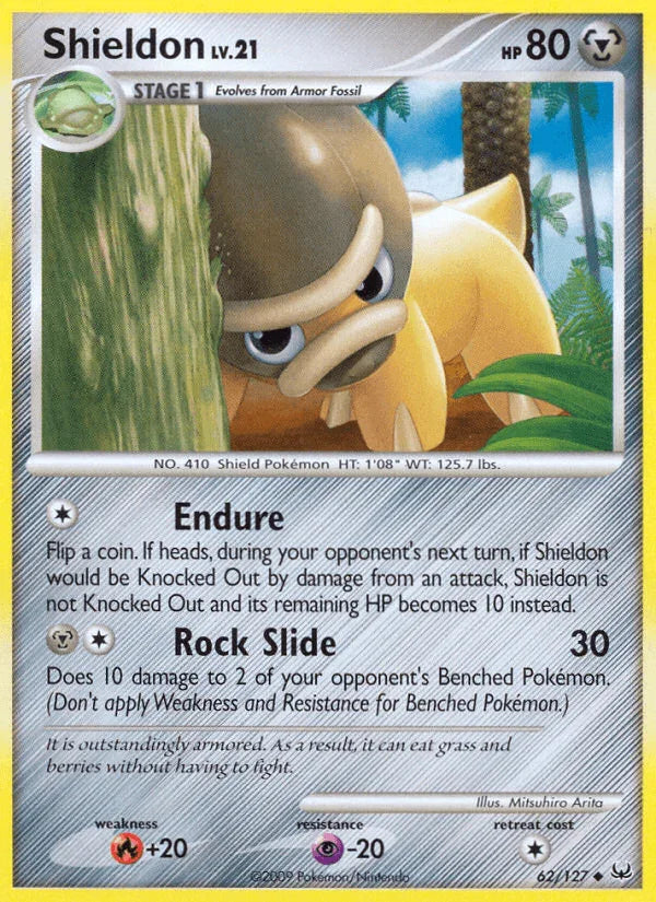 62, Fire[+20], Metal, Normal, Platinum: Base Set, Psychic[-20], Reverse Holofoil, Uncommon Shieldon (62/127) [Platinum: Base Set] - Trading Card World