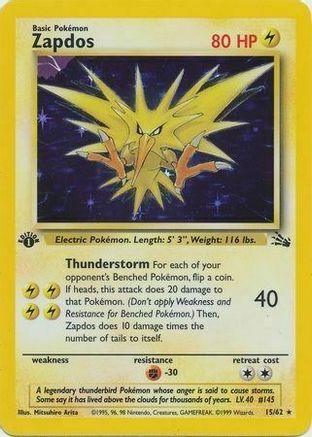 15, Fighting[-30], Fossil 1st Edition, Holo Rare, Holofoil, Lightning Zapdos (15/62) (Cosmos Holo) [Fossil 1st Edition] - Trading Card World
