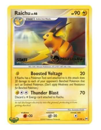 27, Fighting[+20], Lightning, Metal[-20], Nintendo: Black Star Promos, Normal, Promo Raichu (27/99) (Staff Prerelease Promo) [Nintendo: Black Star Promos] - Trading Card World