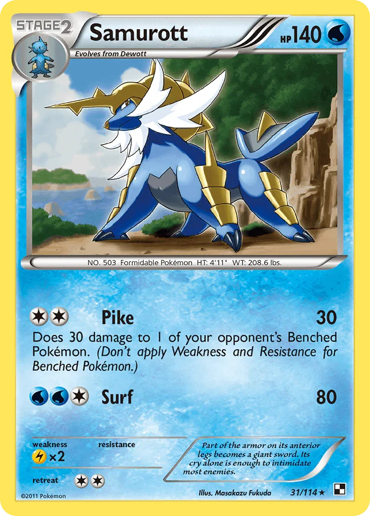 31, Black & White: Base Set, Holo Rare, Holofoil, Lightning[×2], Reverse Holofoil, Water Samurott (31/114) [Black & White: Base Set] - Trading Card World