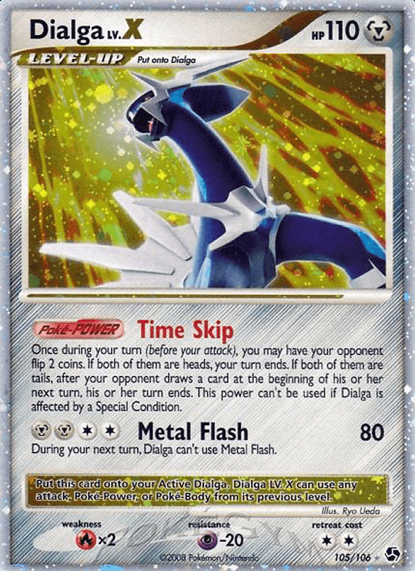 105, Diamond & Pearl: Great Encounters, Fire[×2], Holo Rare, Holofoil, Metal, Psychic[-20] Dialga LV.X (105/106) [Diamond & Pearl: Great Encounters] - Trading Card World