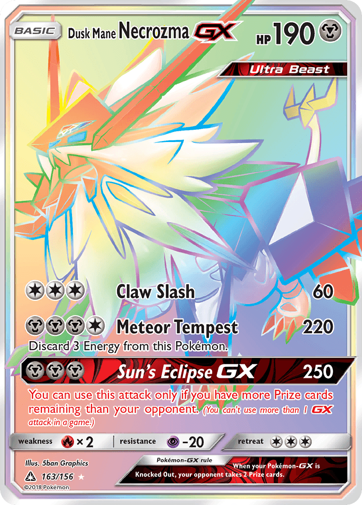 163, Fire[×2], Holofoil, Metal, Psychic[-20], Secret Rare, Sun & Moon: Ultra Prism Dusk Mane Necrozma GX (163/156) [Sun & Moon: Ultra Prism] - Trading Card World