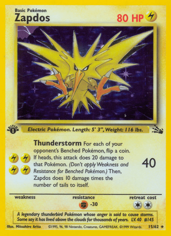 15, 1st Edition Holofoil, Fighting[-30], Fossil 1st Edition, Holo Rare, Lightning Zapdos (15/62) [Fossil 1st Edition] - Trading Card World