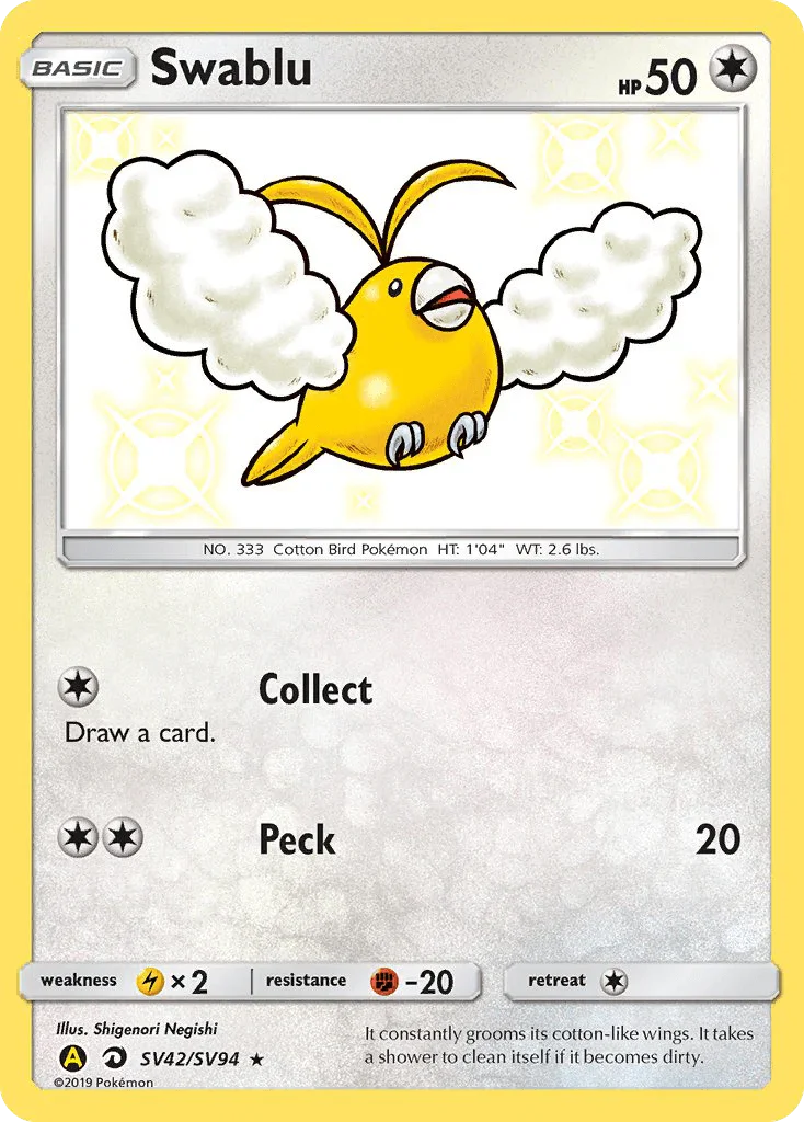 Colorless, Fighting[-20], Holofoil, Lightning[×2], Sun & Moon: Hidden Fates - Shiny Vault, SV42, Ultra Rare Swablu (SV42/SV94) [Sun & Moon: Hidden Fates - Shiny Vault] - Trading Card World