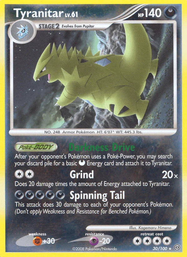30, Darkness, Diamond & Pearl: Stormfront, Fighting[+30], Normal, Psychic[-20], Rare, Reverse Holofoil Tyranitar (30/100) [Diamond & Pearl: Stormfront] - Trading Card World