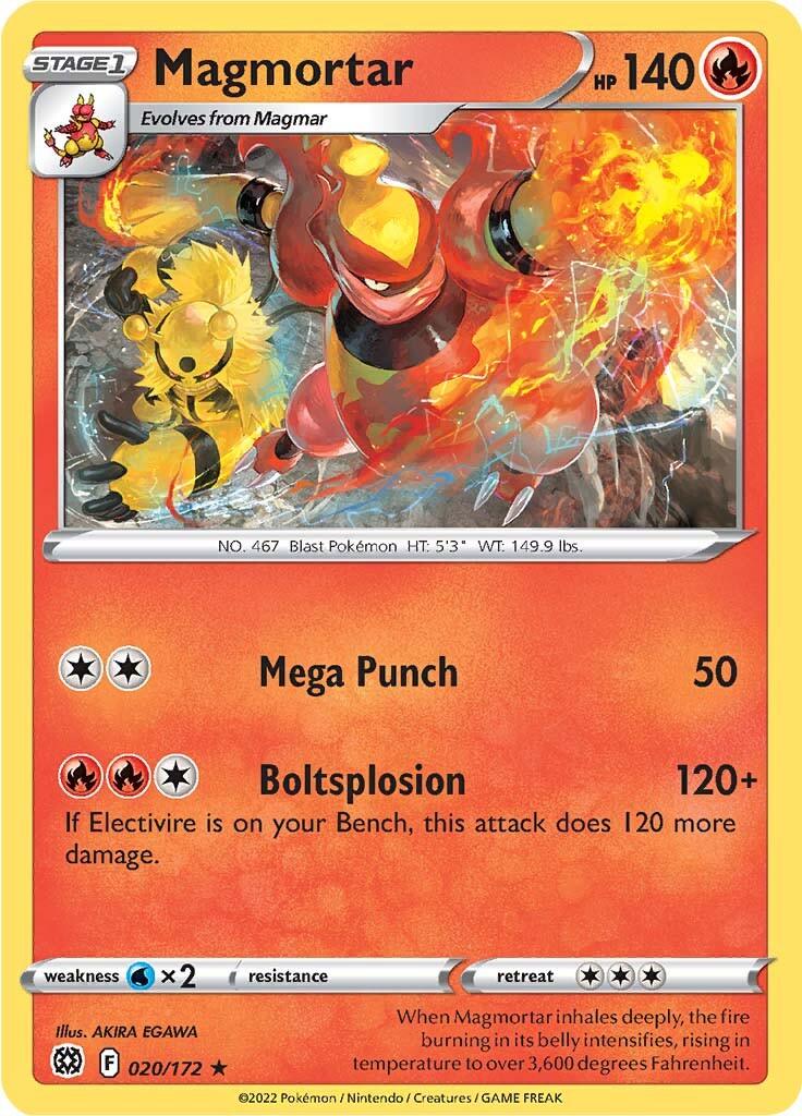 020, Fire, Normal, Rare, Reverse Holofoil, Sword & Shield: Brilliant Stars, Water [x2] Magmortar (020/172) [Sword & Shield: Brilliant Stars] - Trading Card World