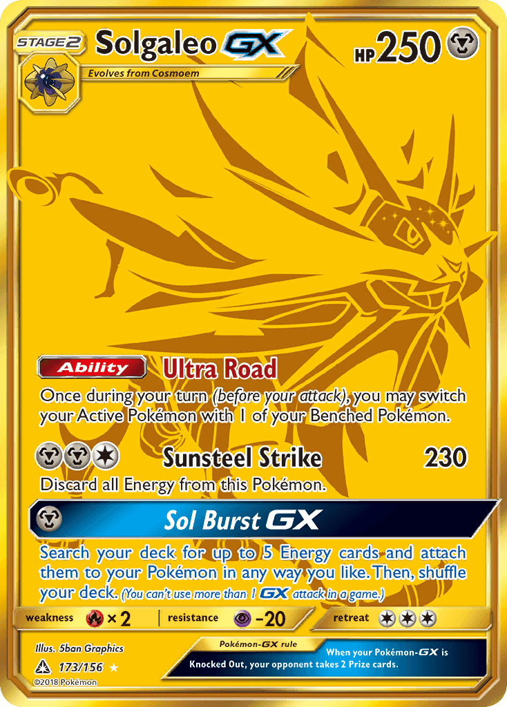 173, Fire[×2], Holofoil, Metal, Psychic[-20], Secret Rare, Sun & Moon: Ultra Prism Solgaleo GX (173/156) [Sun & Moon: Ultra Prism] - Trading Card World