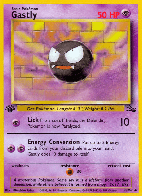 1st Edition Normal, 33, Fighting[-30], Fossil 1st Edition, Psychic, Uncommon Gastly (33/62) [Fossil 1st Edition] - Trading Card World