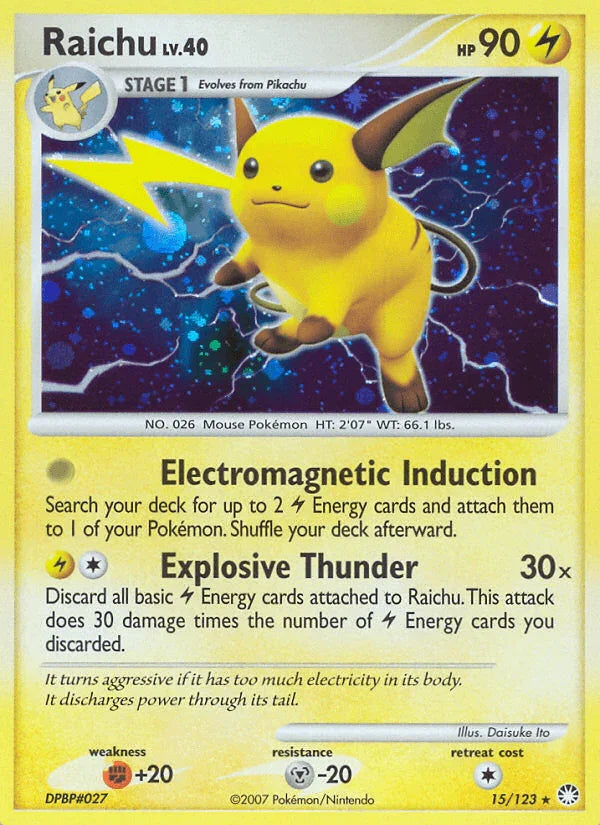 15, Diamond & Pearl: Mysterious Treasures, Fighting[+20], Holo Rare, Holofoil, Lightning, Metal[-20], Reverse Holofoil Raichu (15/123) [Diamond & Pearl: Mysterious Treasures] - Trading Card World
