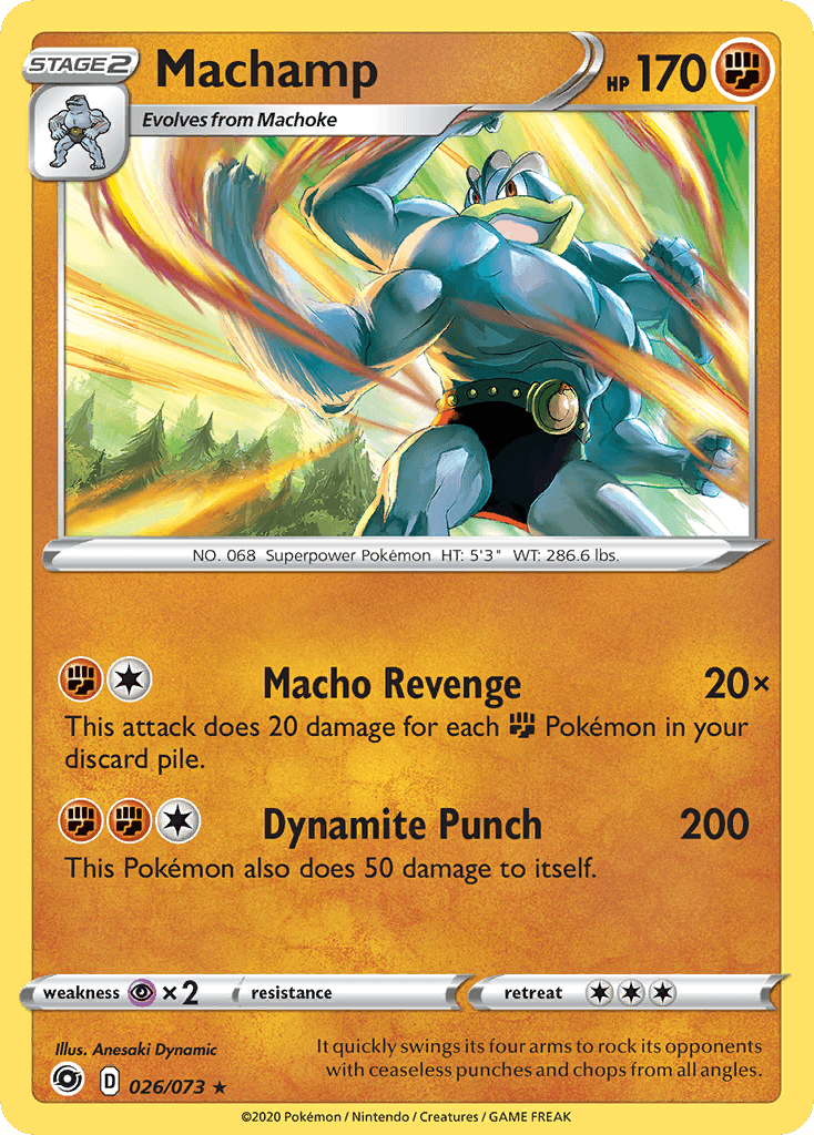 026, Fighting, Holo Rare, Holofoil, Psychic[×2], Reverse Holofoil, Sword & Shield: Champion's Path Machamp (026/073) [Sword & Shield: Champion's Path] - Trading Card World