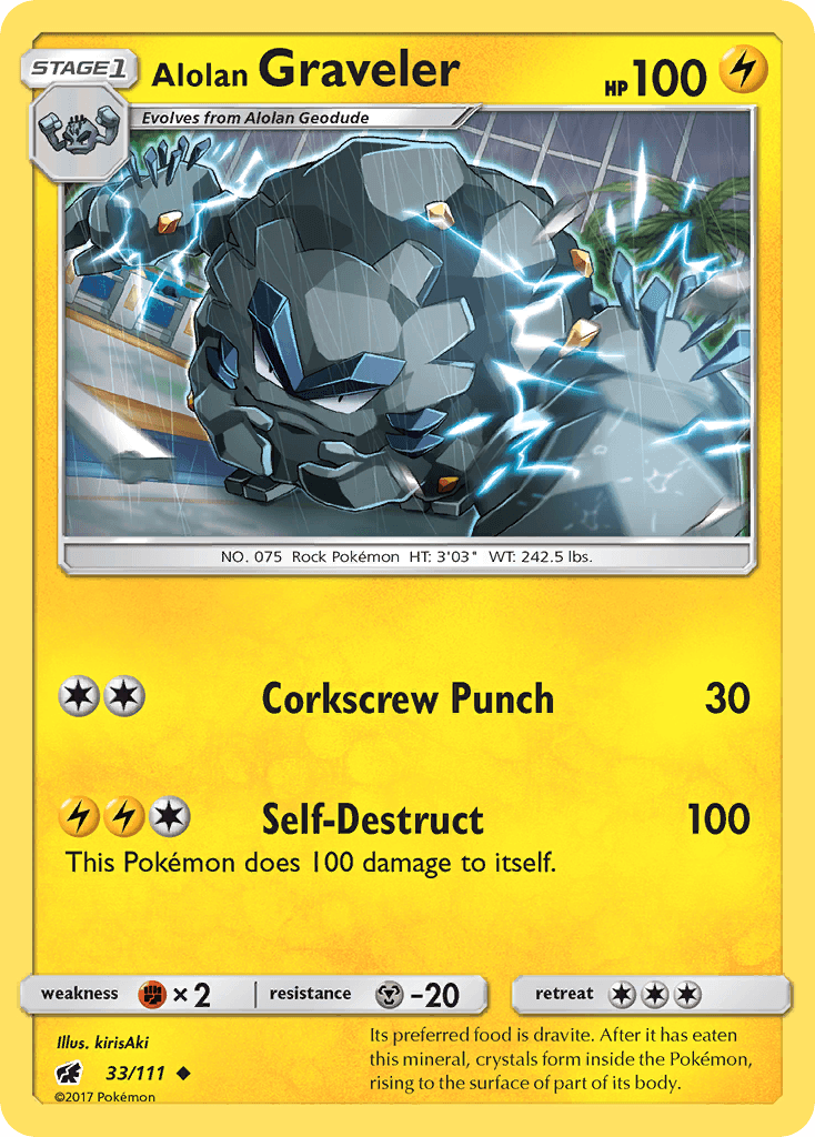 33, Fighting[×2], Lightning, Metal[-20], Normal, Reverse Holofoil, Sun & Moon: Crimson Invasion, Uncommon Alolan Graveler (33/111) [Sun & Moon: Crimson Invasion] - Trading Card World