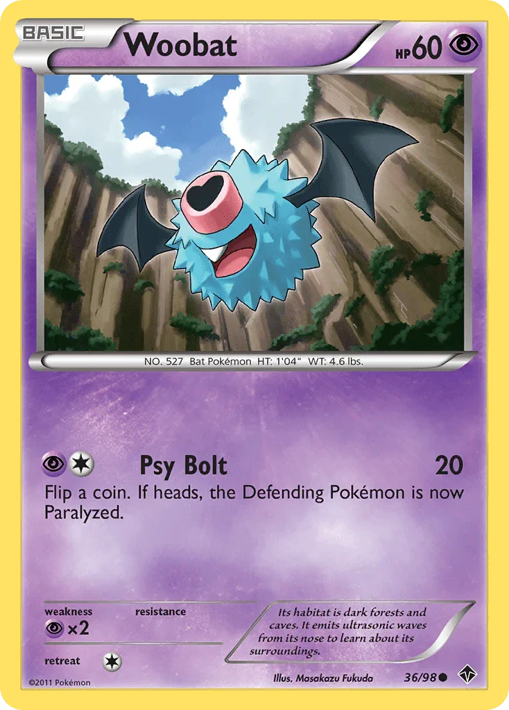 36, Black & White: Emerging Powers, Common, Normal, Psychic, Psychic[×2], Reverse Holofoil Woobat (36/98) [Black & White: Emerging Powers] - Trading Card World
