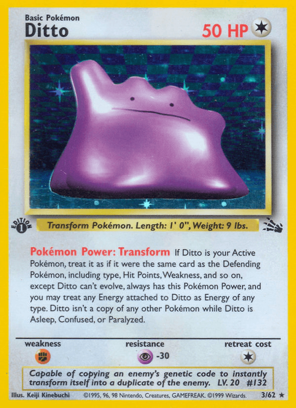 1st Edition Holofoil, Colorless, Fighting[×2], Fossil 1st Edition, Holo Rare, Psychic[-30] Ditto (3/62) [Fossil 1st Edition] - Trading Card World