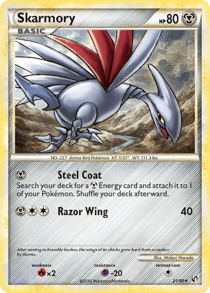 21, Fire[×2], HeartGold & SoulSilver: Undaunted, Metal, Normal, Psychic[-20], Rare, Reverse Holofoil Skarmory (21/90) [HeartGold & SoulSilver: Undaunted] - Trading Card World