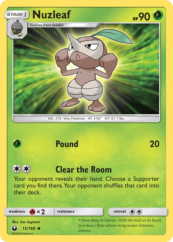 13, Fire[×2], Grass, Normal, Reverse Holofoil, Sun & Moon: Celestial Storm, Uncommon Nuzleaf (13/168) [Sun & Moon: Celestial Storm] - Trading Card World