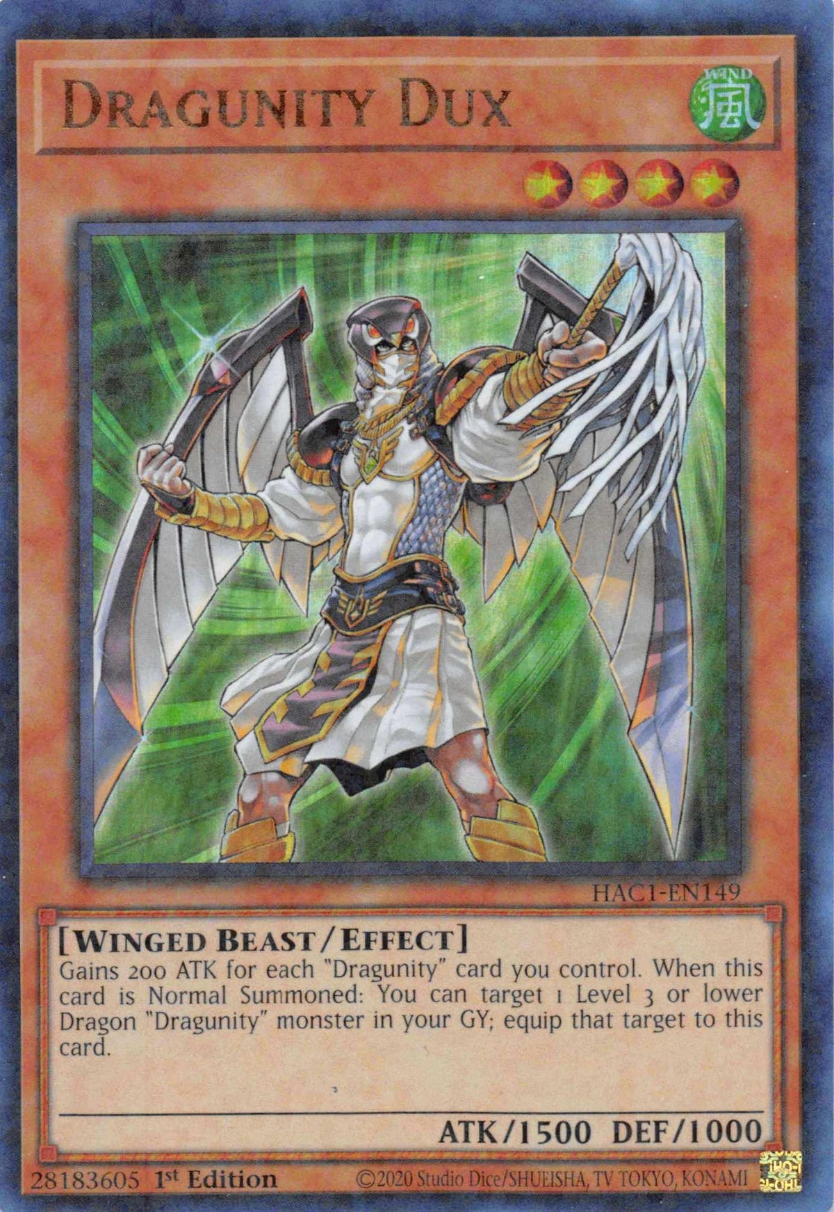 1st Edition, Effect Monster, Hidden Arsenal: Chapter 1, Parallel Rare, Wind, Winged Beast Dragunity Dux (Duel Terminal) [HAC1-EN149] Parallel Rare - Trading Card World