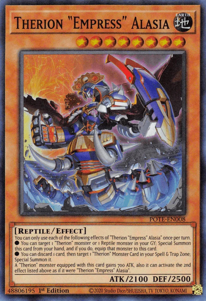 1st Edition, Earth, Effect Monster, Power of the Elements, Reptile, Super Rare, Unlimited Therion Empress Alasia [POTE-EN008] Super Rare - Trading Card World
