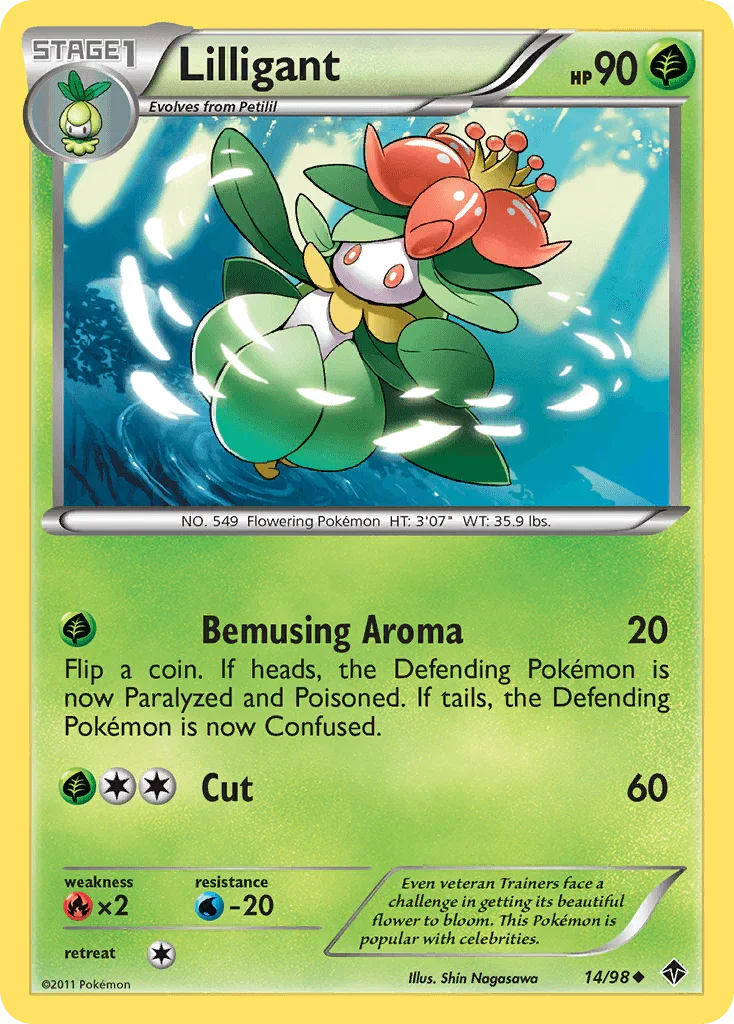 14, Black & White: Emerging Powers, Fire[×2], Grass, Normal, Reverse Holofoil, Uncommon, Water[-20] Lilligant (14/98) [Black & White: Emerging Powers] - Trading Card World