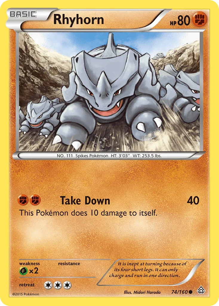 74, Common, Fighting, Grass[×2], Normal, Reverse Holofoil, XY: Primal Clash Rhyhorn (74/160) [XY: Primal Clash] - Trading Card World