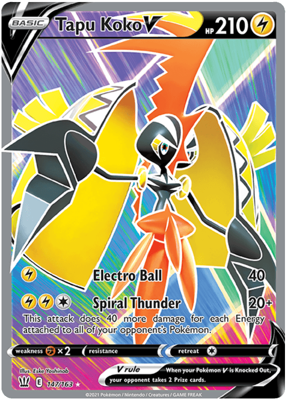 147, Fighting[x2], Holofoil, Lightning, Sword & Shield: Battle Styles, Ultra Rare Tapu Koko V (147/163) [Sword & Shield: Battle Styles] - Trading Card World