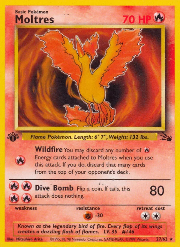 1st Edition Normal, 27, Fighting[-30], Fire, Fossil 1st Edition, Rare Moltres (27/62) [Fossil 1st Edition] - Trading Card World