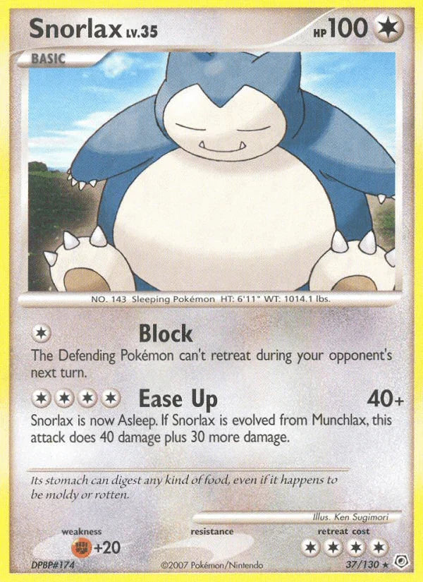 37, Colorless, Diamond & Pearl: Base Set, Fighting[+20], Normal, Rare, Reverse Holofoil Snorlax (37/130) [Diamond & Pearl: Base Set] - Trading Card World