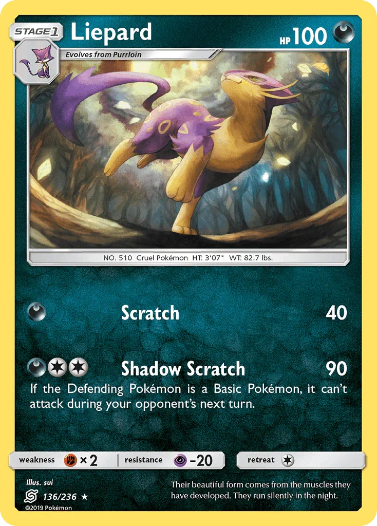 136, Darkness, Fighting[×2], Normal, Psychic[-20], Rare, Reverse Holofoil, Sun & Moon: Unified Minds Liepard (136/236) [Sun & Moon: Unified Minds] - Trading Card World
