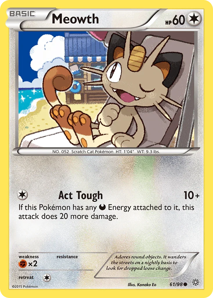 61, Colorless, Common, Fighting[×2], Normal, Reverse Holofoil, XY: Ancient Origins Meowth (61/98) [XY: Ancient Origins] - Trading Card World