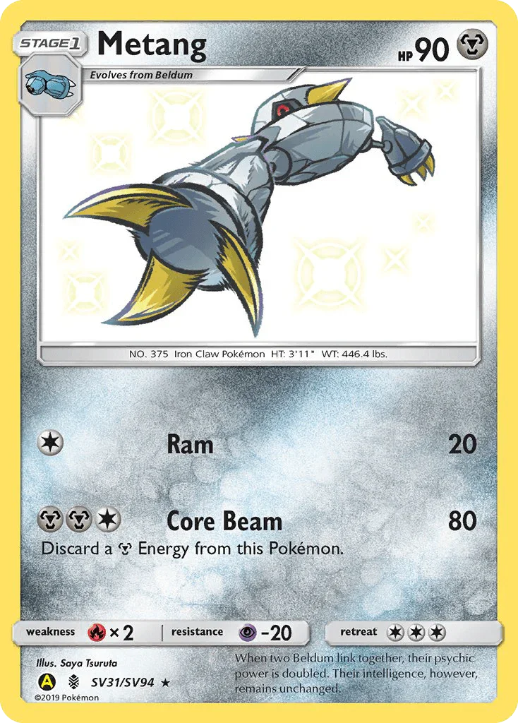 Fire[×2], Holofoil, Metal, Psychic[-20], Sun & Moon: Hidden Fates - Shiny Vault, SV31, Ultra Rare Metang (SV31/SV94) [Sun & Moon: Hidden Fates - Shiny Vault] - Trading Card World